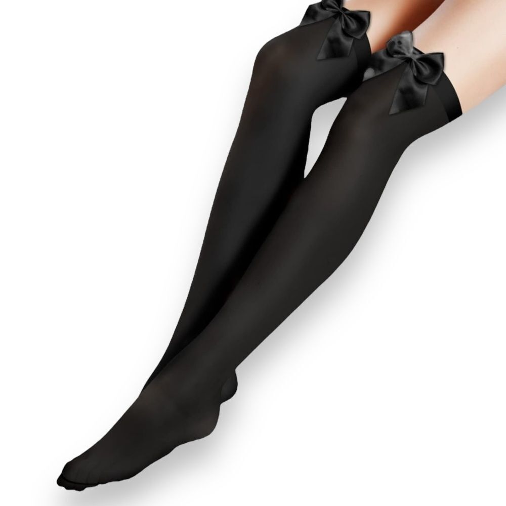 Black Satin Bow Topper Thigh High Nylon Above Knee Stockings - NEW